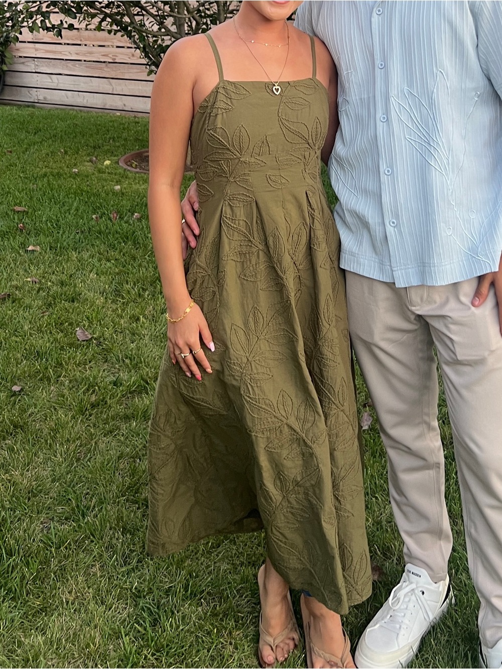 Luxely Olive Green Embroidered Midi Dress